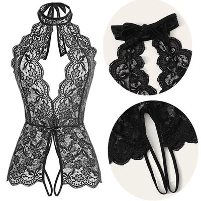 Women One Piece Lingerie Deep V Teddy Sexy Lace Bodysuit Neck Floral Adjustable Halter