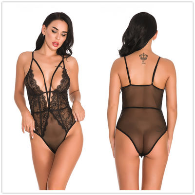 See Through Lace Burgundy Lingerie Bodysuit Sexy Women Jumpsuit Black White Sheer