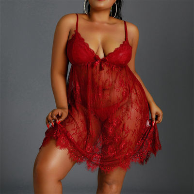 See Through Babydoll Lingerie Nightgown Dress Plus Size Lace Chemise Mesh Sleepwear