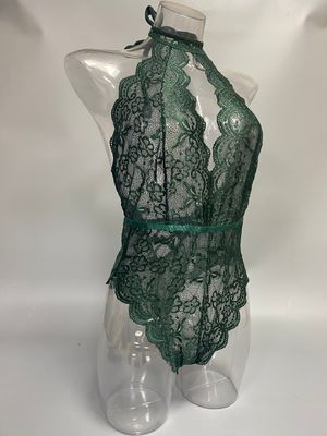 Red Sexy Lace Bodysuit Lingerie Deep V One Piece Floral Scallop Trim Halter Babydoll Teddy Chemise