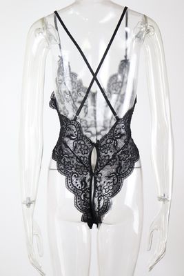 Crotchless Sheer Floral Lace Backless Teddy Bodysuit Deep V Neck Underwear Jumpsuit
