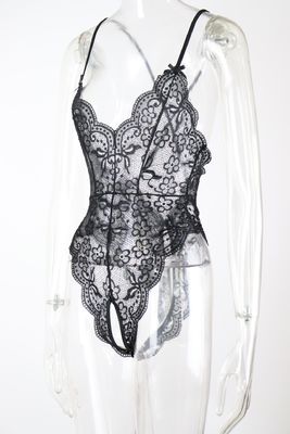 Crotchless Sheer Floral Lace Backless Teddy Bodysuit Deep V Neck Underwear Jumpsuit