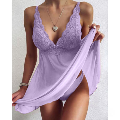 Women In Sexy See Through Lingerie Gown Ladies Nightgowns Housewear Stitching Deep V Mesh