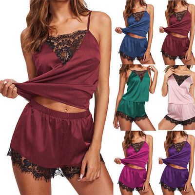 Sexy Black Lace Lingerie Bra Satin Sleepwear Cami Top And Shorts Pajama Set Leisure Wear Suit