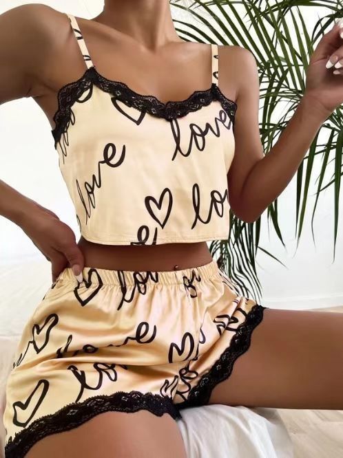 House Wear Sexy Lingerie Sleepwear Ladies Heart Print Leisure Wear Lingerie Shorts Plus Size